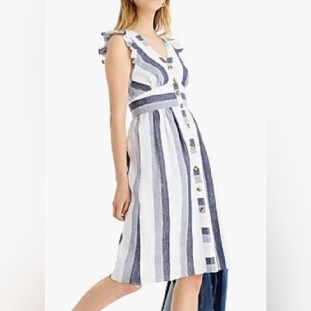 Vertical Stripe Button-Front Midi Dress in White & Navy